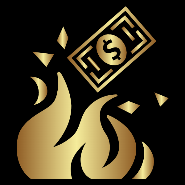 Gold dollar bill falling into flames